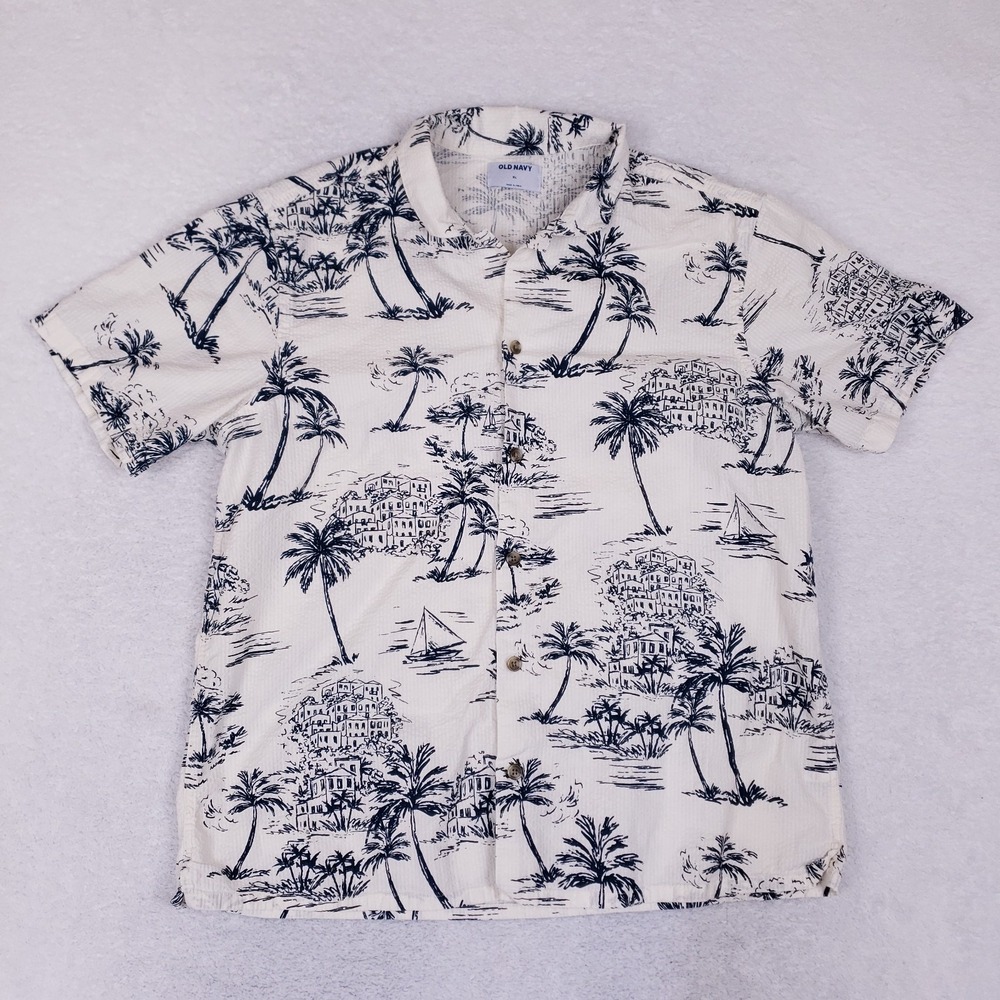 Old Navy Shirt XL Men White Blue Toile Coastal Palm Tree Seersucker Vacation